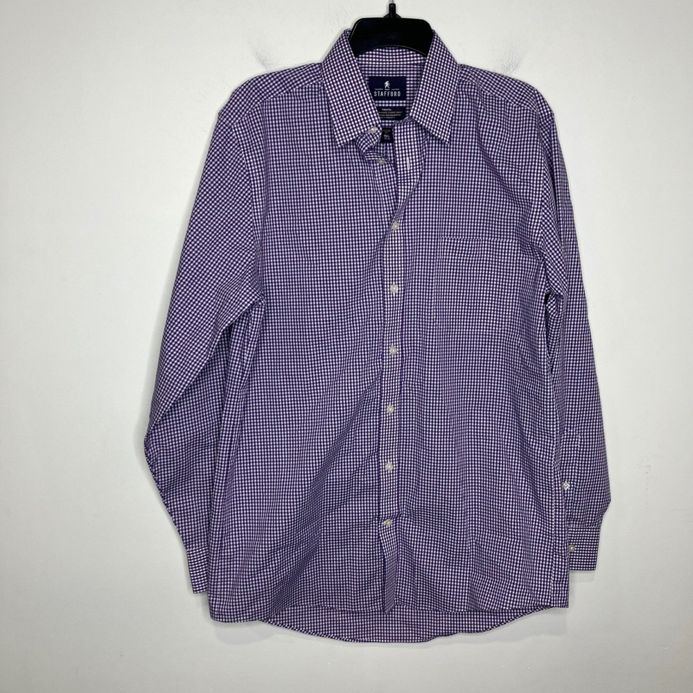 Stafford purple and white gingham long sleeve button down shirt men's size 15.5